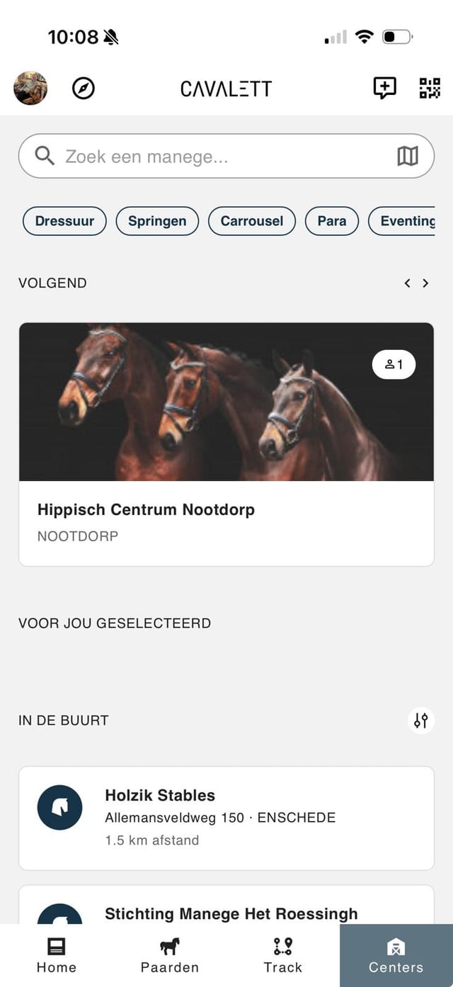 Cavalett-app, Centers: zoeken naar een manege met filters per discipline, een gevolgde manege en maneges in de buurt met afstand
