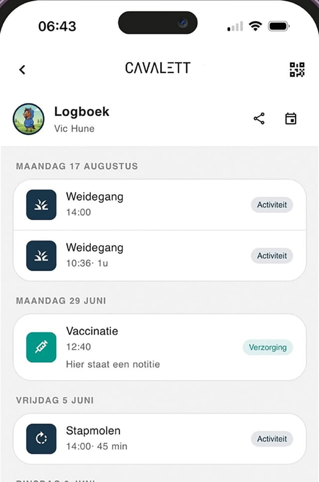 Cavalett-app, logboek van een paard met registraties: weidegang, een vaccinatie onder verzorging en de stapmolen
