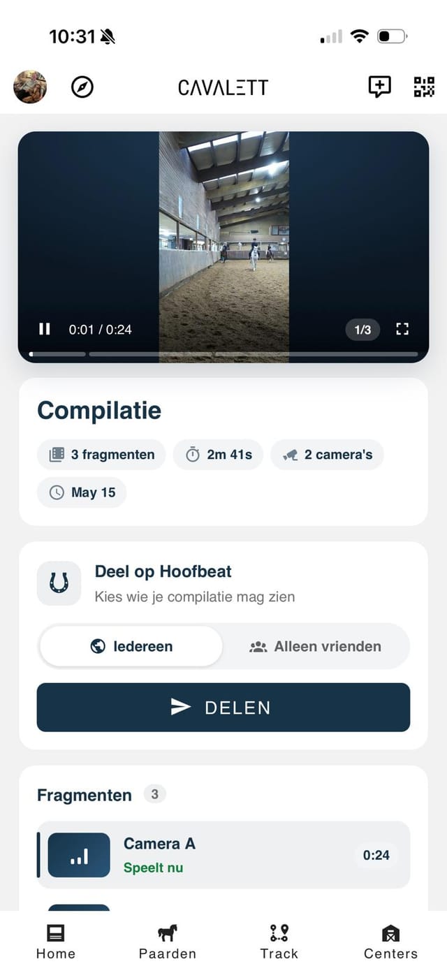 Cavalett-app, Recordings: een compilatie van 3 fragmenten uit 2 camera's met de video bovenaan, de knop om te delen op Hoofbeat met iedereen of alleen vrienden, en de lijst met fragmenten
