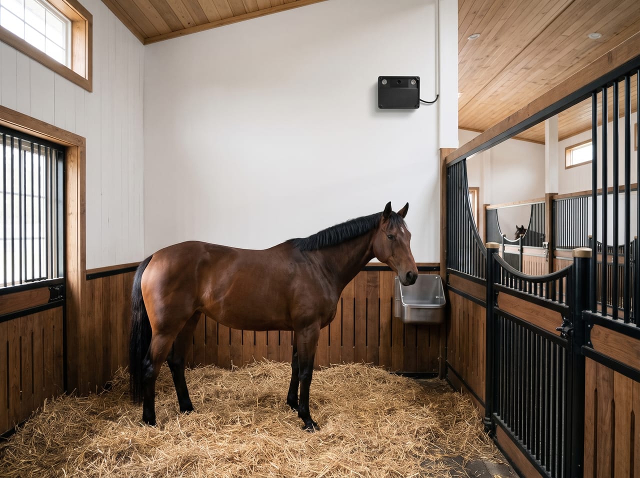 Een bruin paard in een lichte box met stro, met de Equisense Stable-camera aan de achterwand